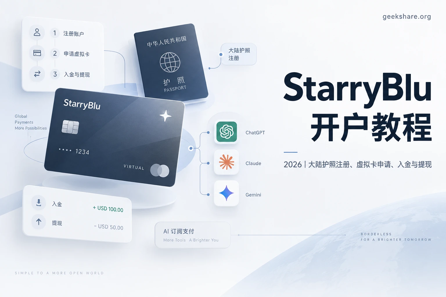 StarryBlu 开户教程 2026：大陆护照注册、虚拟卡申请、入金与提现